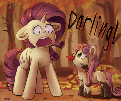 Size: 1438x1200 | Tagged: safe, artist:krista-21, character:rarity, character:sweetie belle, species:pony, species:unicorn, g4, autumn, cute, darling, dialogue, diasweetes, duo, female, filly, floppy ears, foal, leaf, mare, messy mane, mud, muddy, profile, shocked, siblings, signature, sisters, text, young