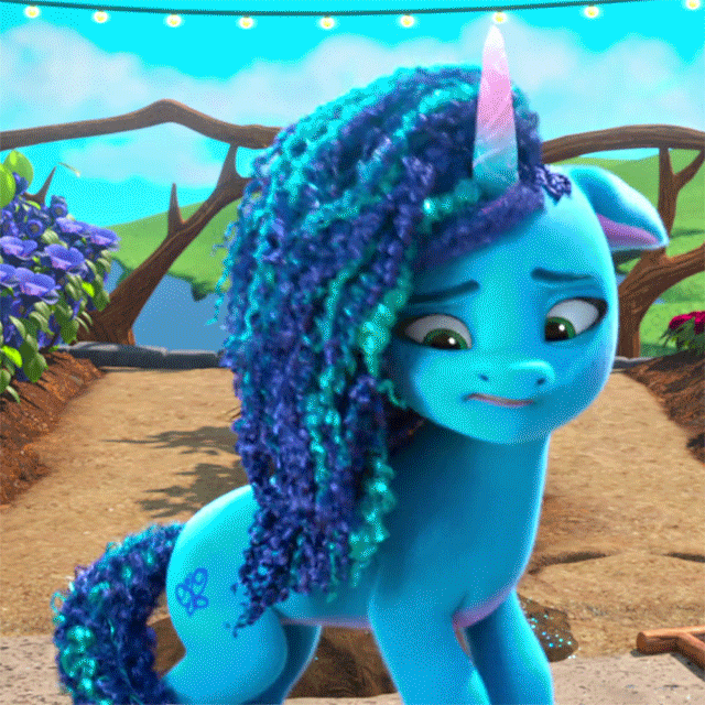 Size: 640x640 | Tagged: safe, screencap, character:misty brightdawn, species:pony, species:unicorn, episode:hoof done it?, g5, my little pony: make your mark, my little pony: make your mark chapter 2, spoiler:my little pony: make your mark chapter 2, spoiler:myms01e07, animated, animation error, cute, desperation, fake cutie mark, female, floppy ears, gif, i watch it for the ears, looking away, mare, mistybetes, nervous