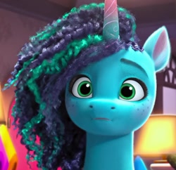 Size: 892x865 | Tagged: safe, screencap, character:misty brightdawn, species:pony, species:unicorn, g5, my little pony: make your mark, my little pony: make your mark chapter 2, spoiler:my little pony: make your mark chapter 2, spoiler:myms01e06, bust, colored eyebrows, cropped, cute, eyebrows, female, freckles, front view, full face view, mare, mistybetes, solo, the traditional unicorn sleep-over