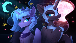 Size: 2300x1320 | Tagged: safe, artist:yakovlev-vad, character:nightmare moon, character:princess luna, species:alicorn, species:pony, g4, armor, constellation, crescent moon, crown, duality, duo, ethereal mane, eyebrows, eyebrows visible through hair, fangs, female, full moon, glowing horn, helmet, horn, jewelry, looking at each other, looking sideways, magic, magic aura, mare, moon, necklace, open mouth, peytral, raised hoof, regalia, s1 luna, sharp teeth, slim, stars, three quarter view