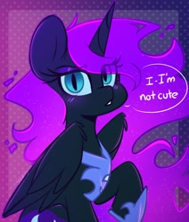 Size: 2184x2574 | Tagged: safe, artist:sakukitty, character:nightmare moon, character:princess luna, species:alicorn, species:pony, g4, abstract background, adorkable, blatant lies, blushing, clothing, crown, cute, denial, dialogue, dork, ethereal mane, eye clipping through hair, eyelashes, eyeshadow, false, feathered wings, featured on derpibooru, female, folded wings, frown, galaxy mane, gritted teeth, high res, hoof shoes, horn, i'm not cute, jewelry, lidded eyes, lies, looking at you, makeup, mare, missing accessory, moonabetes, necklace, nicemare moon, peytral, pink mane, raised hoof, regalia, shoes, sitting, solo, speech bubble, talking, talking to viewer, text, three quarter view, tsundere, weapons-grade cute, wing fluff, wings