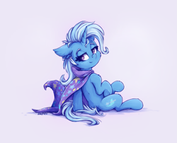 Size: 1547x1249 | Tagged: safe, artist:zeepheru_pone, character:trixie, species:pony, species:unicorn, g4, bedroom eyes, cape, cheek fluff, clothing, colored eyebrows, ear fluff, eyebrows, female, floppy ears, hat, lavender background, lidded eyes, looking at you, looking sideways, mare, raised leg, signature, simple background, sitting, smiling, smiling at you, solo, trixie's cape, trixie's hat, wizard hat