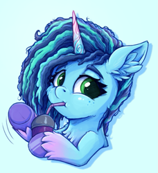 Size: 601x658 | Tagged: safe, artist:zeepheru_pone, character:misty brightdawn, species:pony, species:unicorn, g5, blue background, cheek fluff, chest fluff, coat markings, colored eyebrows, colored hooves, curly hair, cute, drink, drinking, drinking straw, ear fluff, eyebrows, female, fluffy, freckles, hoof hold, hooves, looking at you, mare, mistybetes, simple background, smoothie, socks (coat marking), solo, that pony sure does love smoothies, unshorn fetlocks