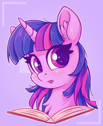 Size: 1234x1515 | Tagged: safe, artist:zeepheru_pone, character:twilight sparkle, species:alicorn, species:pony, g4, blushing, book, bust, cheek fluff, chest fluff, cute, ear fluff, eye clipping through hair, female, fluffy, looking at you, looking sideways, looking sideways at you, mare, open mouth, purple background, signature, simple background, sparkly eyes, wingding eyes