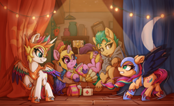 Size: 2383x1450 | Tagged: safe, artist:zeepheru_pone, character:daybreaker, character:hitch trailblazer, character:izzy moonbow, character:nightmare moon, character:pipp petals, character:princess celestia, character:princess luna, character:sunny starscout, character:twilight sparkle, character:zipp storm, species:earth pony, species:pegasus, species:pony, species:unicorn, g4, g5, adorazipp, angry, armor, athena sparkle, blaze (coat marking), cellphone, cheek fluff, chips, cloak, clothing, colored eyebrows, colored hooves, colored wings, cosplay, costume, couch, curtains, cute, cutie mark, ear fluff, eating, eyebrows, fake horn, fake wings, female, first aid kit, fluffy, food, frown, gem, gradient hair, grinded pony hooves, halloween, helmet, holiday, hoof shoes, hooves, jewelry, light, looking at someone, lying down, male, mane g5, mare, mlp fim's twelfth anniversary, multicolored hair, necklace, night, nightmare moon armor, nightmare night, nightmare night costume, nightmare sunny, peytral, phone, pillow, pipp is small, pipp wings, profile, raised hoof, shoes, sitting, smartphone, smiling, smoothie, spread wings, stallion, standing, sunny's house, sunnybetes, tail, three quarter view, unshorn fetlocks, wing armor, wing brace, wings, wooden floor