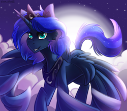 Size: 1436x1252 | Tagged: safe, artist:yuris, character:princess luna, species:alicorn, species:pony, g4, cloud, colored pupils, crown, cute, ears up, female, flying, jewelry, looking at you, lunabetes, mare, moon, necklace, night, night sky, peytral, regalia, sky, smiling, solo, solo female, spread wings, three quarter view, wings