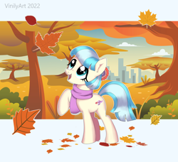 Size: 1112x1012 | Tagged: safe, artist:vinilyart, character:coco pommel, species:earth pony, species:pony, g4, autumn, autumn leaves, city, cityscape, clothing, cocobetes, cute, female, leaves, mare, open mouth, open smile, outdoors, park, raised hoof, scarf, smiling, solo, tree