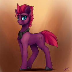 Size: 2160x2160 | Tagged: safe, alternate version, artist:tenebrisnoctus, character:tempest shadow, species:pony, species:unicorn, g4, adult blank flank, blank flank, blank flank tempest, broken horn, clothing, dock, female, high res, horn, mare, scarf, signature, solo, tail