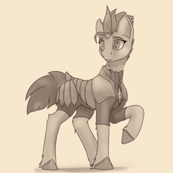 Size: 1600x1600 | Tagged: safe, artist:tenebrisnoctus, character:tempest shadow, species:pony, species:unicorn, newbie artist training grounds, g4, armor, atg 2022, broken horn, clothing, eye scar, female, hoof shoes, horn, mare, monochrome, raised hoof, royal guard, royal guard armor, scar, shoes, smiling, solo, tempest becomes a royal guard