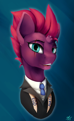 Size: 1231x2000 | Tagged: safe, artist:tenebrisnoctus, character:tempest shadow, species:pony, species:unicorn, newbie artist training grounds, g4, atg 2022, broken horn, bust, eye scar, female, horn, looking at you, mare, necktie, scar, smiling, smiling at you, solo