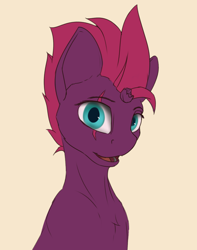 Size: 1702x2160 | Tagged: safe, artist:tenebrisnoctus, character:tempest shadow, species:pony, species:unicorn, g4, beige background, broken horn, colored, female, flat colors, horn, looking at you, mare, open mouth, open smile, simple background, smiling, smiling at you, solo