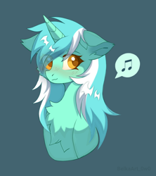 Size: 1566x1767 | Tagged: safe, artist:belka14304634, artist:belkaart0w0, character:lyra heartstrings, species:pony, species:unicorn, g4, blue background, blushing, bust, chest fluff, colored eyebrows, cute, dialogue, eye clipping through hair, eyebrows, eyebrows visible through hair, female, looking sideways, lyrabetes, mare, music notes, simple background, solo, speech bubble, text, three quarter view