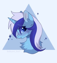 Size: 933x1024 | Tagged: safe, artist:belka14304634, artist:belkaart0w0, character:minuette, species:pony, species:unicorn, g4, abstract background, blushing, bust, chest fluff, colored eyebrows, colored pupils, cute, eye clipping through hair, eyebrows, eyebrows visible through hair, female, grin, looking at you, mare, minubetes, open mouth, portrait, profile, simple background, smiling, solo