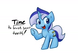 Size: 1558x1080 | Tagged: safe, artist:zutcha, character:minuette, species:pony, species:unicorn, g4, cute, dialogue, female, looking sideways, mare, open mouth, open smile, raised hoof, reminder, simple background, smiling, solo, three quarter view, underhoof, white background