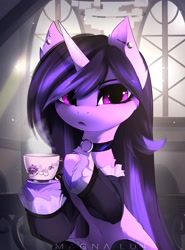 Size: 2865x3864 | Tagged: safe, artist:magnaluna, character:izzy moonbow, species:pony, species:unicorn, g5, belly button, clothing, collar, colored hooves, cup, eyebrows, female, goth, goth izzy, gradient hair, hooves, looking at you, mare, multicolored hair, signature, sitting, socks, solo, stockings, thigh highs, unshorn fetlocks