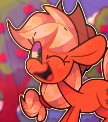 Size: 1243x1401 | Tagged: safe, artist:kimmypalazzo, character:applejack, species:earth pony, species:pony, g4, abstract background, cute, eye clipping through hair, female, jackabetes, looking at you, mare, one eye closed, open mouth, open smile, smiling, solo, three quarter view, wink, winking at you