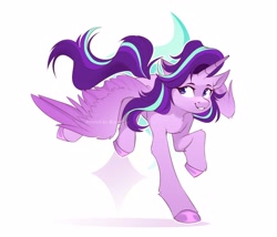 Size: 4096x3510 | Tagged: safe, artist:buvanybu, character:starlight glimmer, species:alicorn, species:pony, g4, action pose, alicornified, cute, cutie mark, cutie mark background, female, glimmerbetes, high res, lidded eyes, looking at you, mare, pose, race swap, simple background, smiling, solo, spread wings, starlicorn, starry eyes, stars, unshorn fetlocks, white background, wingding eyes, wings