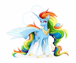 Size: 4096x3413 | Tagged: safe, artist:buvanybu, character:rainbow dash, species:alicorn, species:pony, g4, alicornified, braid, colored eyebrows, colored hooves, colored wings, cutie mark, cutie mark background, eyebrows, female, hooves, looking at you, mare, multicolored wings, race swap, rainbowcorn, simple background, solo, spread wings, two toned wings, unshorn fetlocks, white background, wings