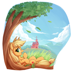 Size: 1706x1714 | Tagged: safe, artist:zeepheru_pone, character:applejack, species:earth pony, species:pony, g4, applejack's hat, chest fluff, clothing, cloud, colored eyebrows, colored pupils, cowboy hat, ear fluff, eyebrows, eyebrows visible through hair, falling leaves, female, full body, grass, hat, leaves, looking at you, lying down, mare, mountain, on back, open mouth, profile, signature, solo, stetson, sweet apple acres, sweet apple acres barn, tree