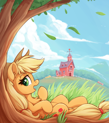 Size: 1080x1220 | Tagged: safe, alternate version, artist:zeepheru_pone, derpibooru original, character:applejack, species:earth pony, species:pony, g4, applejack's hat, chest fluff, clothing, cloud, colored eyebrows, colored pupils, cowboy hat, ear fluff, eyebrows, eyebrows visible through hair, falling leaves, female, full body, grass, hat, leaves, looking at you, lying down, mare, mountain, on back, open mouth, profile, signature, solo, stetson, sweet apple acres, sweet apple acres barn, tree