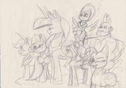 Size: 1250x874 | Tagged: safe, artist:saturdaymorningproj, character:applejack, character:fluttershy, character:pinkie pie, character:rainbow dash, character:rarity, character:spike, character:twilight sparkle, character:twilight sparkle (alicorn), species:alicorn, species:dragon, species:earth pony, species:pegasus, species:pony, species:unicorn, episode:the last problem, g4, my little pony: friendship is magic, applejack's hat, breaking the fourth wall, clothing, cowboy hat, crown, cutie mark, female, flying, folded wings, freckles, gigachad spike, hat, horn, jewelry, male, mane six, mare, neckerchief, older, older applejack, older fluttershy, older pinkie pie, older rainbow dash, older rarity, older spike, older twilight, pencil drawing, princess twilight 2.0, regalia, sketch, smiling, spread wings, stetson, suggestive source, traditional art, wings, winking at you