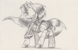 Size: 971x622 | Tagged: safe, artist:saturdaymorningproj, oc, oc only, oc:barbwire, species:earth pony, species:pony, butt, clothing, female, jacket, leather jacket, leotard, looking at you, looking back, looking back at you, mare, pencil drawing, scar, sketch, solo, tail, traditional art