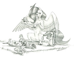 Size: 1500x1168 | Tagged: safe, artist:baron engel, character:fluttershy, species:bird, species:pegasus, species:pony, g4, animal, belly button, black and white, cake, explicit source, eyebrows, eyelashes, female, food, grayscale, grimdark source, mare, monochrome, pencil drawing, picnic, picnic blanket, plate, simple background, sitting, solo, spread wings, tortoise, traditional art, white background, wings