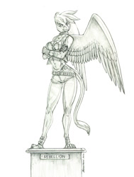 Size: 1050x1391 | Tagged: safe, artist:baron engel, character:gilda, species:anthro, species:griffon, species:plantigrade anthro, species:pony, g4, abs, belly button, belt, black and white, bracelet, breasts, busty gilda, choker, cleavage, clothing, crossed arms, denim shorts, female, grayscale, jewelry, leonine tail, mare, monochrome, necklace, pencil drawing, shorts, simple background, solo, spiked choker, spiked wristband, spread wings, statue, tail, traditional art, white background, wings, wristband