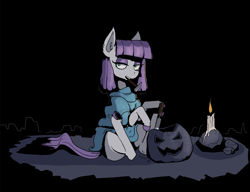 Size: 1754x1346 | Tagged: safe, artist:paskanaakka, derpibooru original, character:maud pie, species:earth pony, species:pony, g4, black background, candle, clothing, colored hooves, dress, ear fluff, explicit source, eyelashes, eyeshadow, female, halloween, hammer, holding, holiday, hooves, jack-o-lantern, lidded eyes, makeup, mare, mouth hold, pumpkin, simple background, solo, underhoof