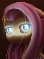 Size: 1800x2400 | Tagged: safe, artist:symbianl, character:fluttershy, species:pegasus, species:pony, g4, colored eyebrows, cute, eyebrows, female, fluffy, glowing, glowing eyes, looking at you, mare, shyabetes, signature, simple background, solo, three quarter view