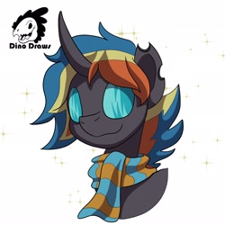Size: 2048x2048 | Tagged: safe, artist:dinodrawsart, oc, oc only, oc:jasper, species:changeling, bust, clothing, cute, cuteling, ocbetes, orange changeling, request, requested art, scarf, simple background, solo, sparkles, striped scarf, white background