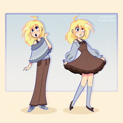 Size: 1280x1280 | Tagged: safe, character:derpy hooves, species:human, clothing, converse, cute, denim, derpabetes, dress, female, flats, humanized, jeans, open mouth, pants, shoes, signature, sneakers, socks, solo, species swap, stockings, sweater, thigh highs