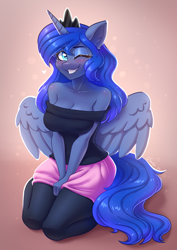 Size: 2480x3508 | Tagged: safe, alternate version, artist:dandy, character:princess luna, species:alicorn, species:anthro, g4, adorasexy, arm boob squeeze, bare shoulders, big breasts, blushing, braless, breasts, busty princess luna, cleavage, clothing, cute, ear fluff, eyebrows, eyelashes, eyeshadow, female, floating heart, grin, heart, heart eyes, high res, horn, kneeling, leggings, looking at you, looking up at you, lunabetes, makeup, mare, off shoulder, off shoulder sweater, one eye closed, redraw, sexy, shirt, simple background, skirt, smiling, smiling at you, socks, solo, spread wings, stockings, strapless, sweater, tail, thigh highs, thighs, tube top, wingding eyes, wings, wink, winking at you