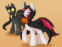 Size: 4155x3152 | Tagged: safe, artist:pearlyiridescence, oc, oc only, oc:flavis, oc:siren, species:changeling, species:pegasus, species:pony, candy, changeling oc, cloak, clothing, commission, confused, costume, cute, duo, duo male and female, eyes closed, female, food, halloween, halloween costume, holding, holiday, horn, male, mare, mouth hold, non-pony oc, pumpkin bucket, scarf, simple background, trotting, yellow changeling