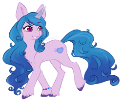 Size: 1499x1245 | Tagged: safe, artist:emypony, character:izzy moonbow, species:pony, species:unicorn, g5, my little pony: a new generation, my little pony: make your mark, bracelet, colored eyebrows, colored hooves, colored pupils, cute, eyebrows, eyebrows visible through hair, female, gradient hair, hooves, izzybetes, jewelry, mare, multicolored hair, raised hoof, raised leg, signature, simple background, smiling, solo, three quarter view, trotting, unshorn fetlocks, white background