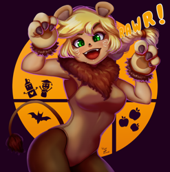Size: 986x1000 | Tagged: safe, artist:the-park, character:applejack, species:human, g4, clothing, costume, cute, eyebrows, eyelashes, fangs, female, freckles, gloves, halloween, halloween costume, holiday, humanized, jackabetes, leotard, lion, looking at you, pantyhose, sharp teeth, solo, species swap, suggestive source
