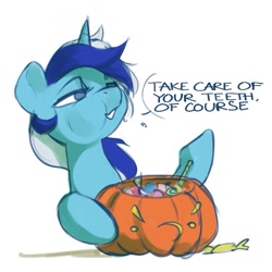 Size: 691x691 | Tagged: safe, artist:cadillacdynamite, part of a set, character:minuette, species:pony, species:unicorn, g4, candy, cute, dialogue, eating, female, food, halloween, holiday, jack-o-lantern, mare, minubetes, no pupils, pumpkin, simple background, solo, text, white background