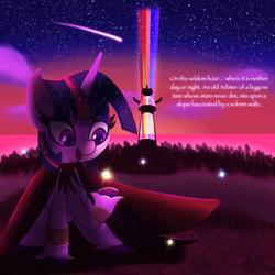 Size: 3000x3000 | Tagged: safe, artist:thebigstuff89, character:twilight sparkle, species:alicorn, species:pony, g4, g5, cape, clothing, colored hooves, crystal brighthouse, cute, female, g4 to g5, generation leap, hooves, looking down, mare, meteor, open mouth, open smile, raised hoof, redraw, shooting star, sitting, smiling, solo, stars, sunset, text, twiabetes, unshorn fetlocks