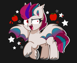 Size: 3480x2872 | Tagged: safe, artist:kittyrosie, character:zipp storm, species:bat pony, species:pegasus, species:pony, g5, bat ponified, bat wings, black background, colored hooves, colored wings, fangs, female, hooves, looking at you, mare, multicolored wings, open mouth, race swap, sharp teeth, simple background, solo, spread wings, three quarter view, unshorn fetlocks, wings