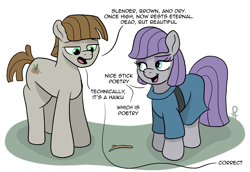 Size: 1885x1300 | Tagged: safe, artist:doodledonut, artist:doodledonutart, character:maud pie, character:mudbriar, species:earth pony, species:pony, g4, abstract background, comic, dialogue, female, haiku, male, mare, simple background, smiling, stallion, stick, text, when she smiles