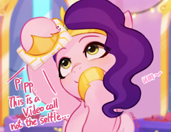 Size: 2728x2106 | Tagged: safe, artist:maren, character:pipp petals, species:pegasus, species:pony, g5, adorapipp, cellphone, circlet, colored eyebrows, colored hooves, cute, dialogue, eye clipping through hair, eyebrows, female, headband, hoof hold, hooves, implied zipp storm, jewelry, looking up, mare, phone, pipp wings, smartphone, smiling, solo, text, unshorn fetlocks, video call