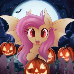 Size: 3000x3000 | Tagged: safe, artist:illusion_dx, artist:illusiondx, character:flutterbat, character:fluttershy, species:bat, species:bat pony, species:pony, g4, bat ponified, colored pupils, cute, female, food, front view, full face view, full moon, halloween, holiday, jack-o-lantern, looking at you, mare, moon, nightmare night, open mouth, open smile, pumpkin, race swap, shyabates, shyabetes, smiling, smiling at you, solo, spread wings, wings