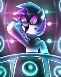Size: 2000x2500 | Tagged: safe, artist:harukiicat, character:dj pon-3, character:vinyl scratch, species:pony, species:unicorn, g4, female, headphones, horn, lights, mare, open mouth, party, raised hoof, shading, signature, smiling, solo, speaker, sunglasses