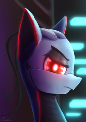 Size: 2266x3206 | Tagged: safe, artist:harukiicat, oc, oc only, oc:xr-47 primax, species:pony, g4, antenna, bust, digital art, eyebrows, frown, futuristic, gift art, glowing, glowing eyes, looking at you, portrait, profile, red eyes, robot, robot pony, serious, serious face, signature, simple background, solo
