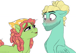 Size: 1069x748 | Tagged: safe, artist:scorpion-89, character:tree hugger, character:zephyr breeze, species:earth pony, species:pegasus, species:pony, g4, colored eyebrows, crack shipping, eyebrows, female, floppy ears, looking at each other, male, mare, open mouth, shipping, signature, simple background, stallion, straight, three quarter view, white background, zephyrhugger