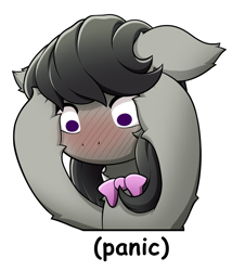 Size: 1500x1750 | Tagged: safe, artist:symbianl, character:octavia melody, species:earth pony, species:pony, g4, adorable distress, blushing, blushing profusely, ear fluff, female, komi can't communicate, leg fluff, mare, no mouth, no pupils, panic, simple background, solo, tavi can't communicate, white background