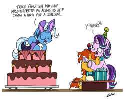 Size: 3015x2387 | Tagged: safe, artist:bobthedalek, character:starlight glimmer, character:sunburst, character:trixie, species:pony, species:unicorn, g4, angry, birthday, bunny ears, bunny suit, cake, clothing, costume, covering, covering eyes, dialogue, eyes closed, female, fishnets, food, frown, funny, glare, inconvenient trixie, leaning, leotard, male, mare, messy mane, misunderstanding, open mouth, pantyhose, playcolt, popping out of a cake, present, scarf, simple background, sitting, stallion, starlight glimmer is not amused, stockings, text, thigh highs, trio, unamused, white background