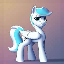 Size: 3000x3000 | Tagged: safe, artist:alexbefest, oc, oc only, oc:white dust, species:pegasus, species:pony, g4, bedroom eyes, eyebrows, gradient background, lidded eyes, looking at you, male, pegasus oc, smiling, smiling at you, solo, stallion, three quarter view