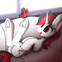 Size: 1920x1920 | Tagged: safe, artist:alexbefest, oc, oc only, oc:blackjack, species:pony, species:unicorn, fallout equestria, fallout equestria: project horizons, g4, adorajack, bed, butt, butterfly, commission, couch, crossover, cute, cutie mark, fallout, fanfic art, frog (hoof), happy, high res, hooves, hooves up, horn, lying down, on back, on bed, plot, red, smiling, solo, underhoof, unicorn oc, window, ych result