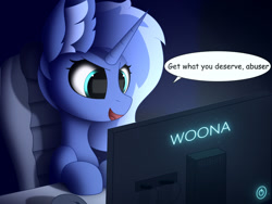 Size: 1920x1440 | Tagged: safe, artist:alexbefest, character:princess luna, species:alicorn, species:pony, species:unicorn, gamer luna, g4, blue, computer, cute, dark background, dialogue, ear fluff, female, filly, filly luna, gradient background, lunabetes, open mouth, solo, speech bubble, text, three quarter view, woona, young, younger